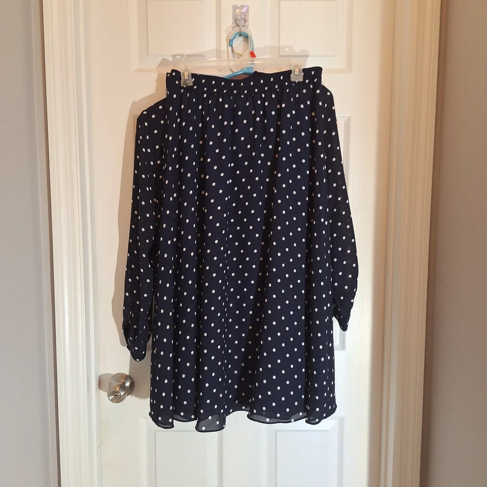 Chaus Vintage Sheer Navy and White Polka Dot Blouse And Adjustable Waist Skirt